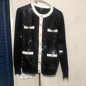 BCBG Black and White Sequin Cardigan with Gold Accents